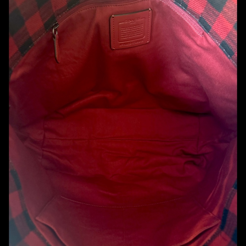 Coach Large Gingham Canvas Tote Buffalo Plaid in Ruby Red Black  39848 - Picture 4 of 8